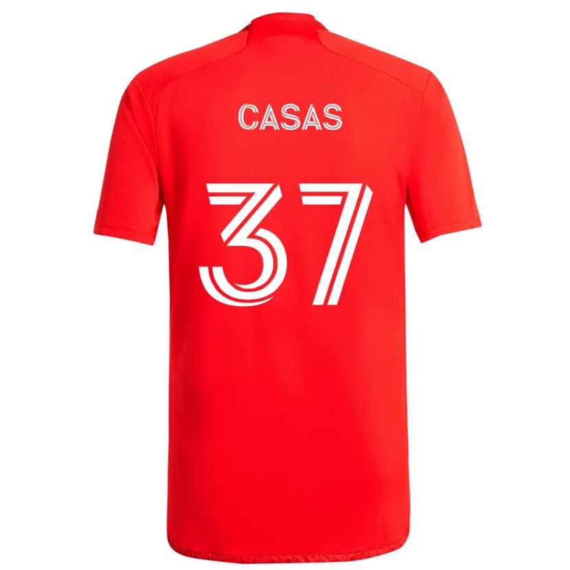 Danxen Niño Camiseta Javier Casas #37 Rojo Blanco 1ª Equipación 2024/25 La Camisa