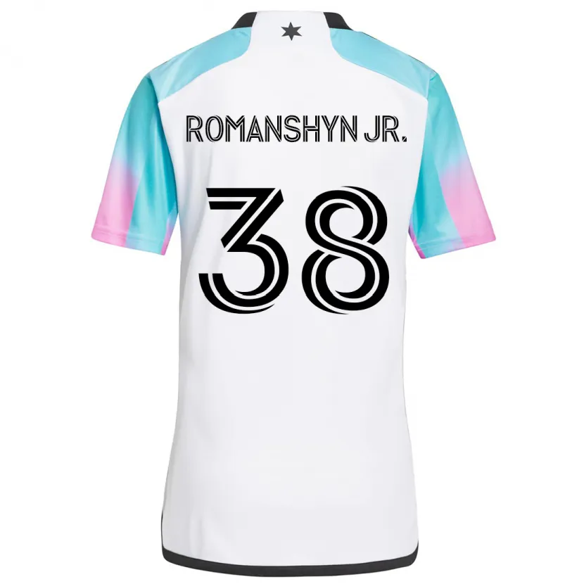 Danxen Niño Camiseta Kage Romanshyn Jr. #38 Blanco Azul Negro 2ª Equipación 2024/25 La Camisa