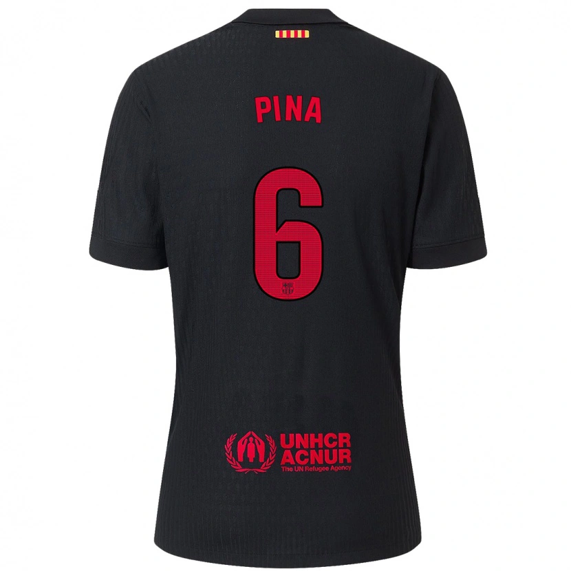 Danxen Niño Camiseta Clàudia Pina #6 Negro Rojo 2ª Equipación 2024/25 La Camisa