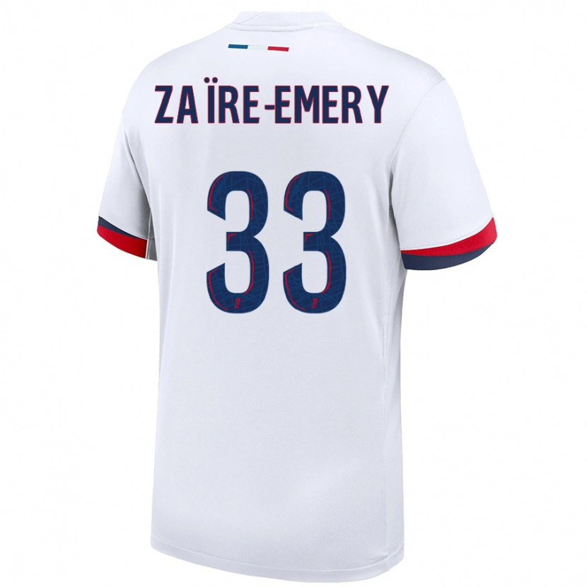 Danxen Niño Camiseta Warren Zaïre-Emery #33 Blanco Azul Rojo 2ª Equipación 2024/25 La Camisa