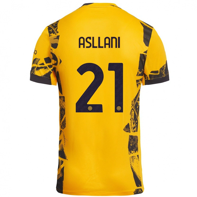 Danxen Niño Camiseta Kristjan Asllani #21 Dorado Negro Equipación Tercera 2024/25 La Camisa