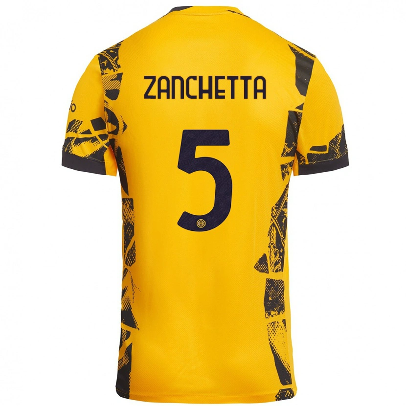 Danxen Niño Camiseta Mattia Zanchetta #5 Dorado Negro Equipación Tercera 2024/25 La Camisa