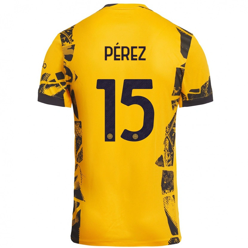 Danxen Niño Camiseta Álex Pérez #15 Dorado Negro Equipación Tercera 2024/25 La Camisa