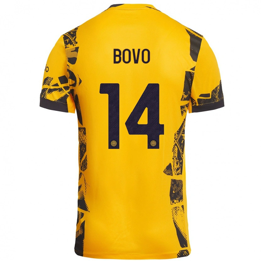 Danxen Hombre Camiseta Leonardo Bovo #14 Dorado Negro Equipación Tercera 2024/25 La Camisa