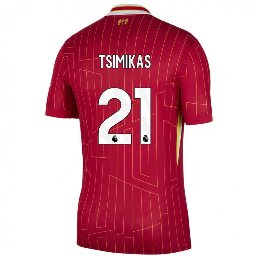 Danxen Mujer Camiseta Konstantinos Tsimikas #21 Rojo Amarillo Blanco 1ª Equipación 2024/25 La Camisa