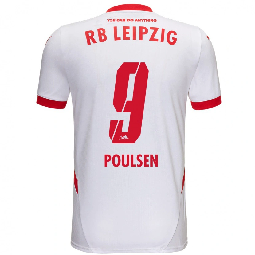 Danxen Niño Camiseta Yussuf Poulsen #9 Blanco Rojo 1ª Equipación 2024/25 La Camisa