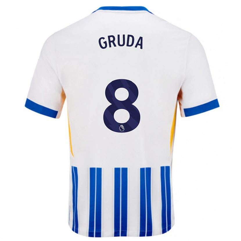 Danxen Hombre Camiseta Brajan Gruda #8 Blanco Azul Rayas 1ª Equipación 2024/25 La Camisa