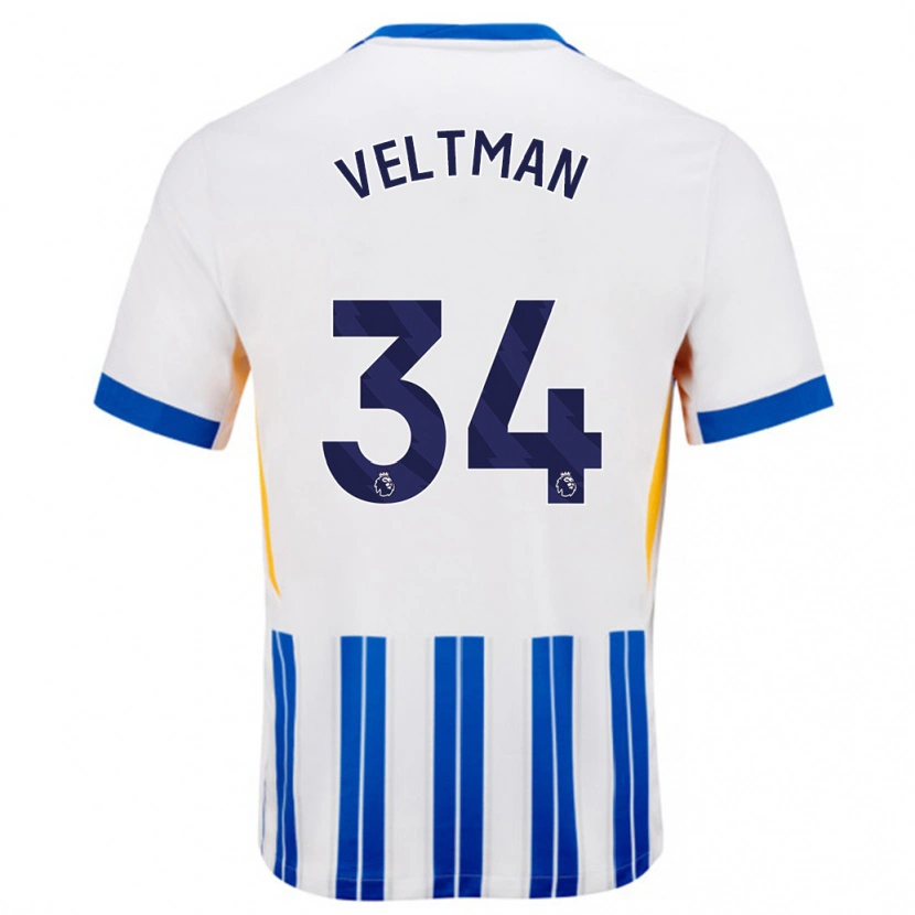 Danxen Hombre Camiseta Joël Veltman #34 Blanco Azul Rayas 1ª Equipación 2024/25 La Camisa