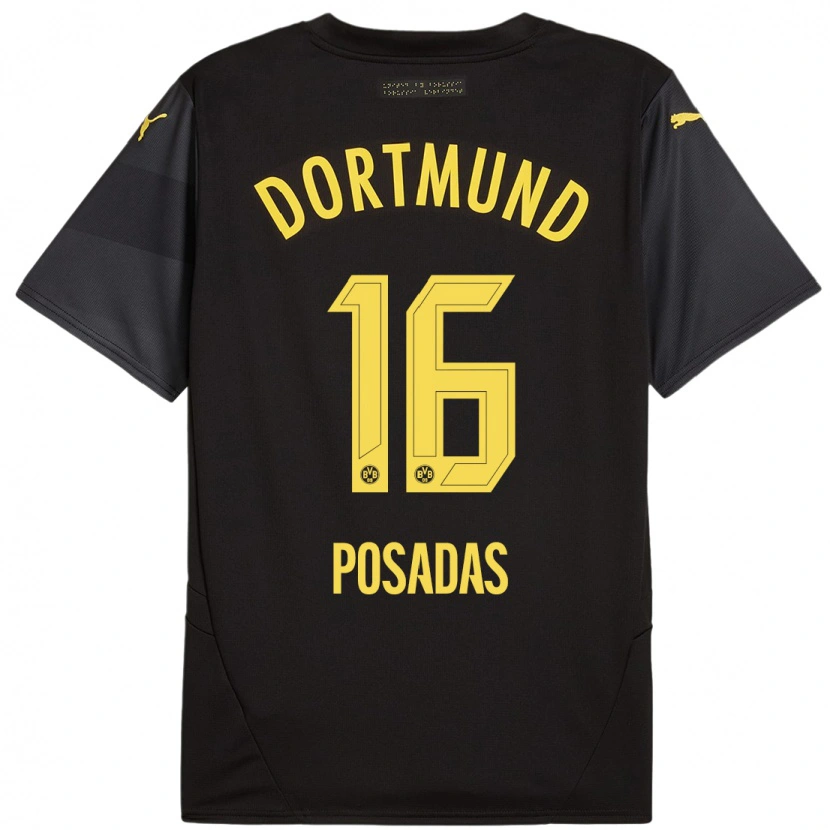 Danxen Hombre Camiseta Leonardo Posadas #16 Negro Amarillo 2ª Equipación 2024/25 La Camisa