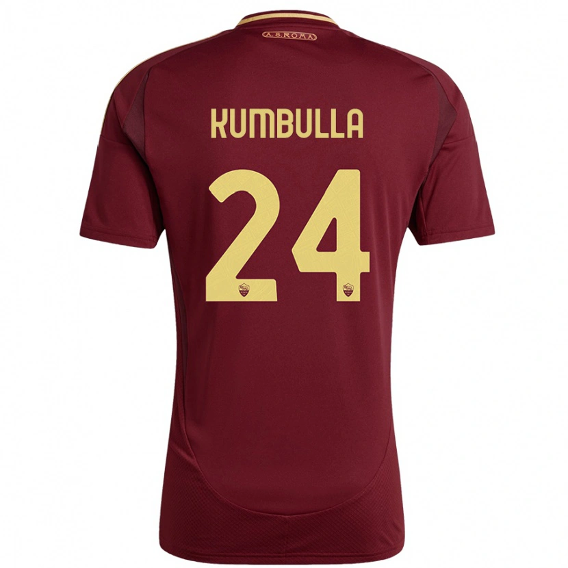 Danxen Niño Camiseta Marash Kumbulla #24 Rojo Marrón Dorado 1ª Equipación 2024/25 La Camisa