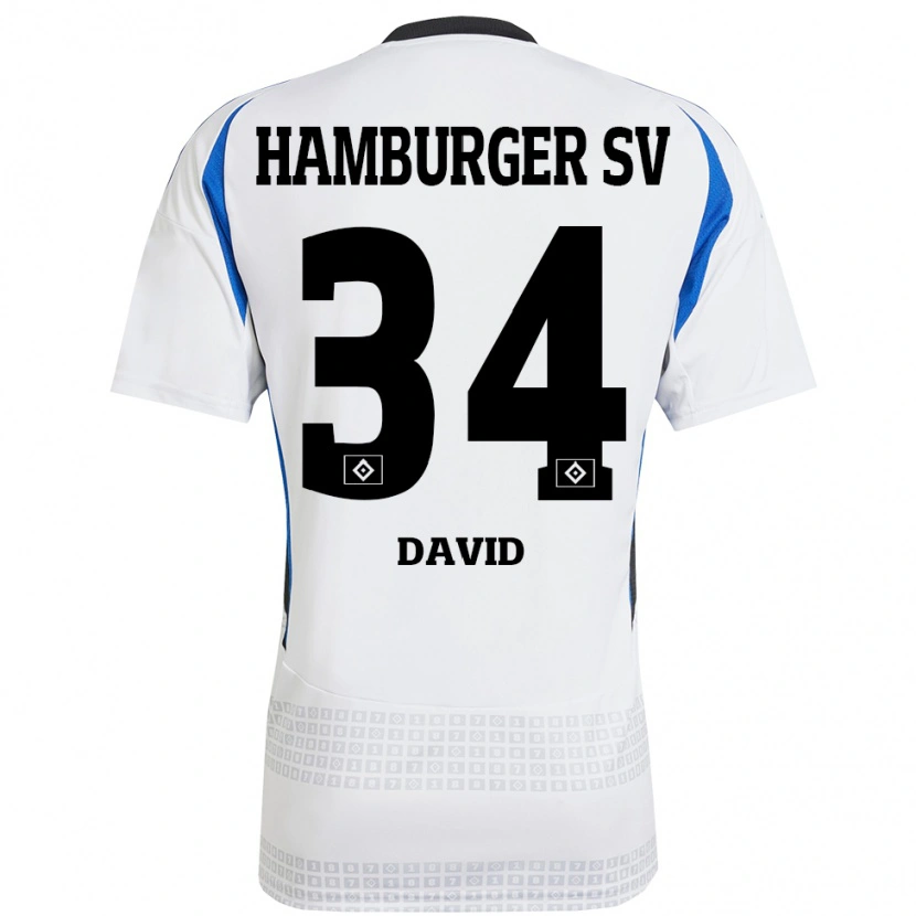 Danxen Niño Camiseta Jonas David #34 Blanco Azul 1ª Equipación 2024/25 La Camisa