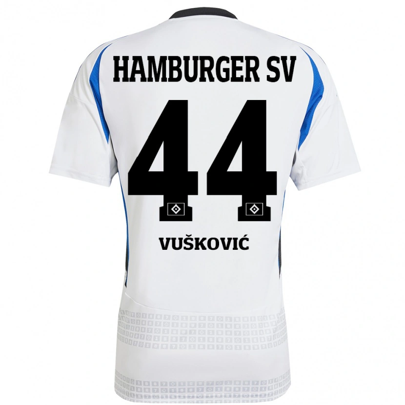 Danxen Niño Camiseta Mario Vuskovic #44 Blanco Azul 1ª Equipación 2024/25 La Camisa