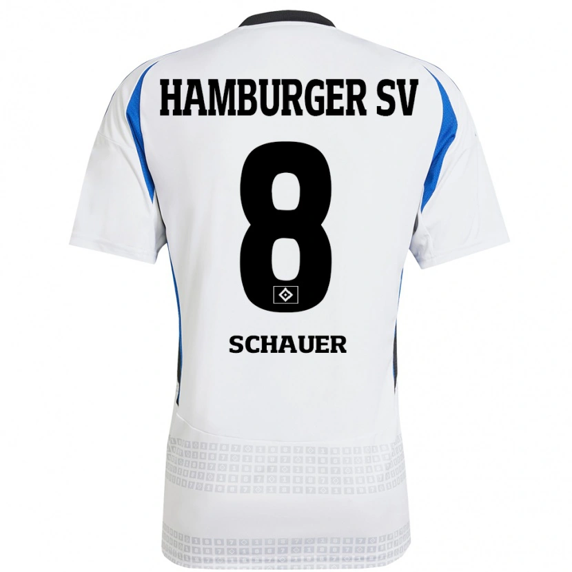 Danxen Niño Camiseta Martin Schauer #8 Blanco Azul 1ª Equipación 2024/25 La Camisa