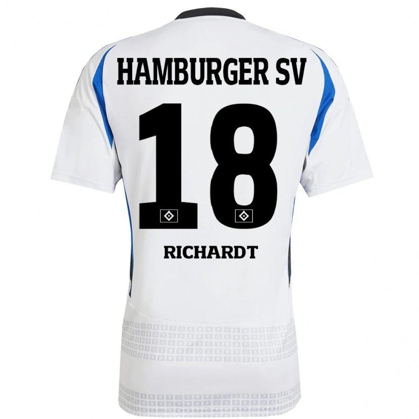 Danxen Niño Camiseta Dayo Richardt #18 Blanco Azul 1ª Equipación 2024/25 La Camisa