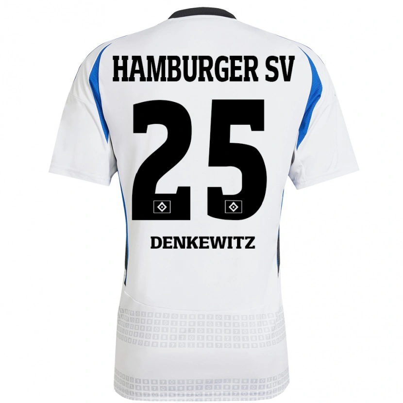 Danxen Niño Camiseta Nick Denkewitz #25 Blanco Azul 1ª Equipación 2024/25 La Camisa