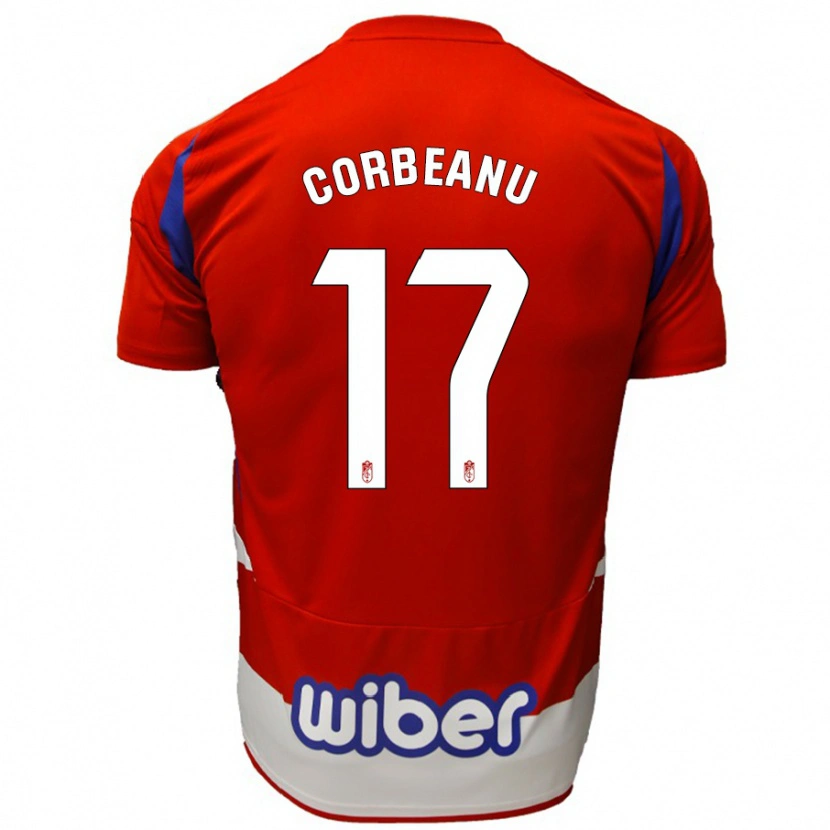 Danxen Niño Camiseta Theo Corbeanu #17 Rojo Blanco Azul 1ª Equipación 2024/25 La Camisa