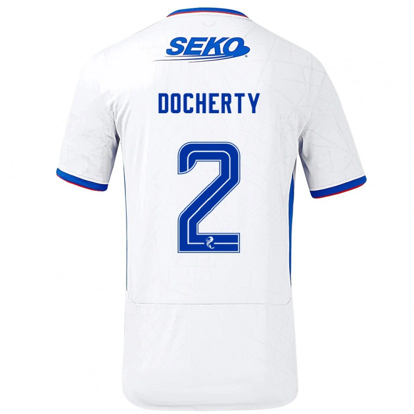 Danxen Niño Camiseta Nicola Docherty #2 Blanco Azul 2ª Equipación 2024/25 La Camisa