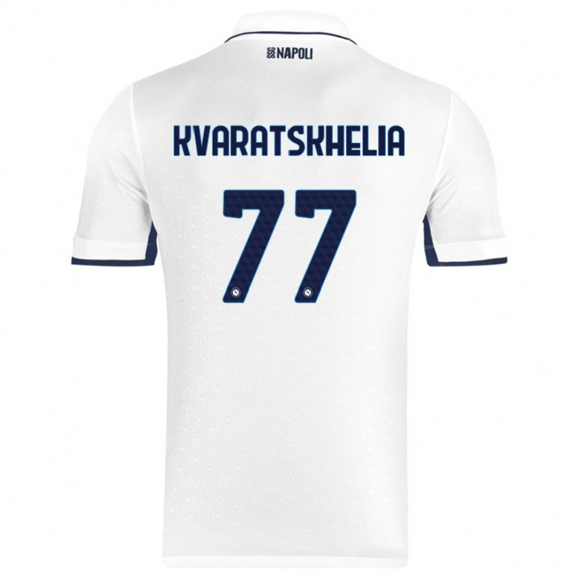 Danxen Niño Camiseta Khvicha Kvaratskhelia #77 Blanco Azul Real 2ª Equipación 2024/25 La Camisa