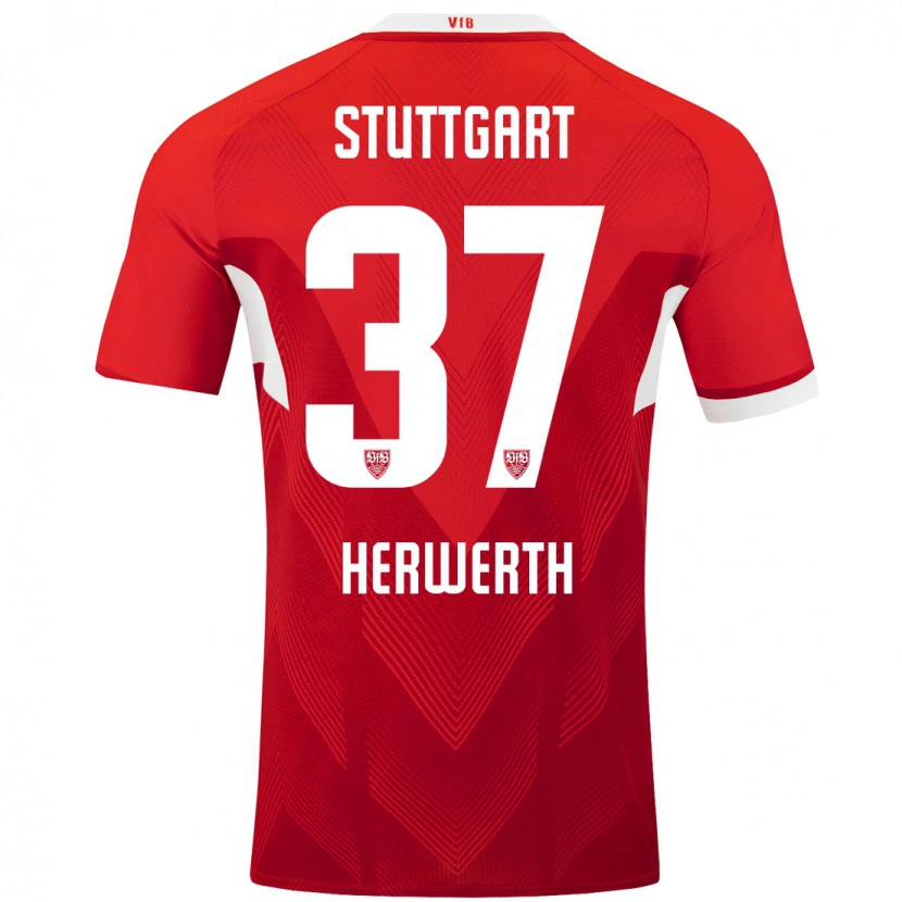 Danxen Niño Camiseta Maximilian Herwerth #37 Rojo Blanco 2ª Equipación 2024/25 La Camisa