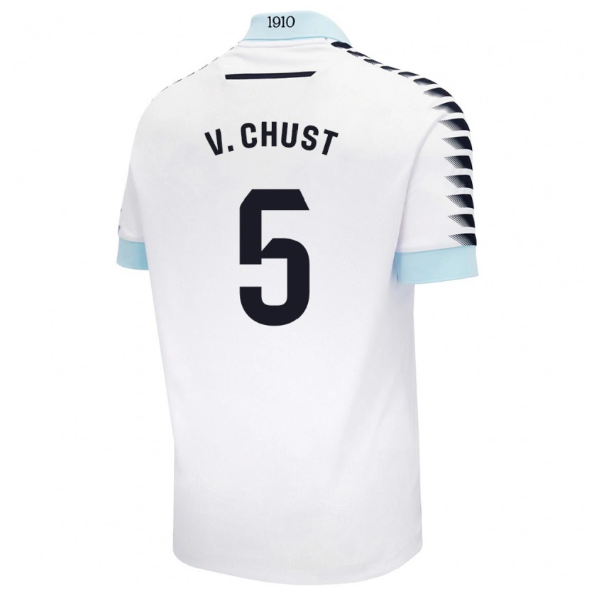 Danxen Niño Camiseta Víctor Chust #5 Blanco Azul 2ª Equipación 2024/25 La Camisa