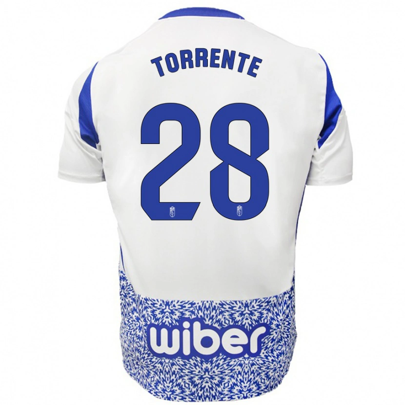 Danxen Niño Camiseta Raúl Torrente #28 Blanco Azul 2ª Equipación 2024/25 La Camisa