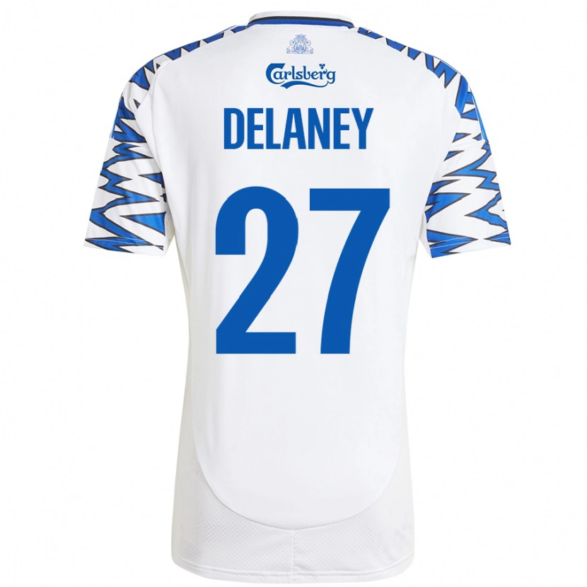 Danxen Niño Camiseta Thomas Delaney #27 Blanco Azul Cielo 1ª Equipación 2024/25 La Camisa