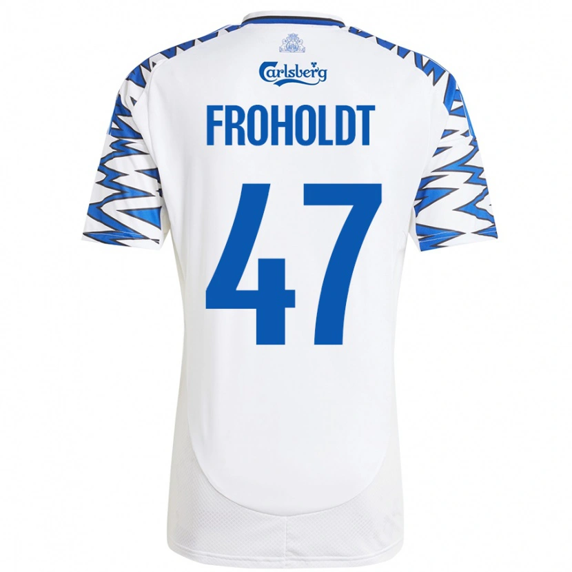 Danxen Niño Camiseta Victor Froholdt #47 Blanco Azul Cielo 1ª Equipación 2024/25 La Camisa