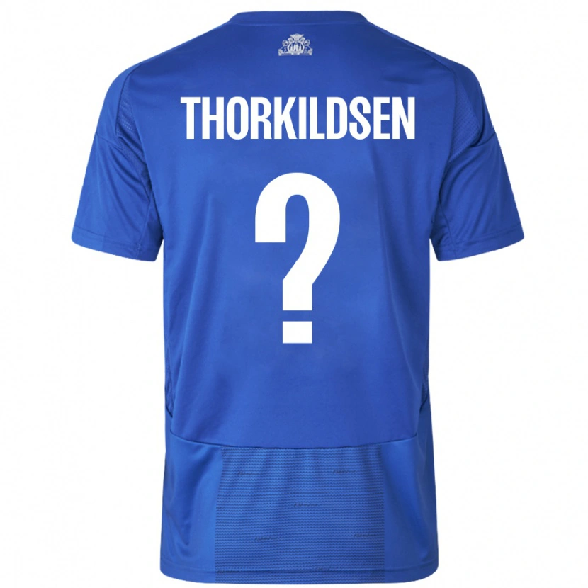 Danxen Niño Camiseta Elias Thorkildsen #0 Blanco Azul 2ª Equipación 2024/25 La Camisa