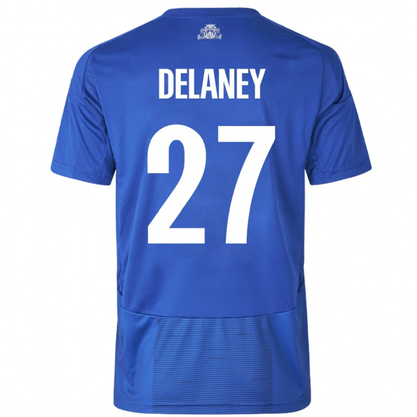 Danxen Mujer Camiseta Thomas Delaney #27 Blanco Azul 2ª Equipación 2024/25 La Camisa